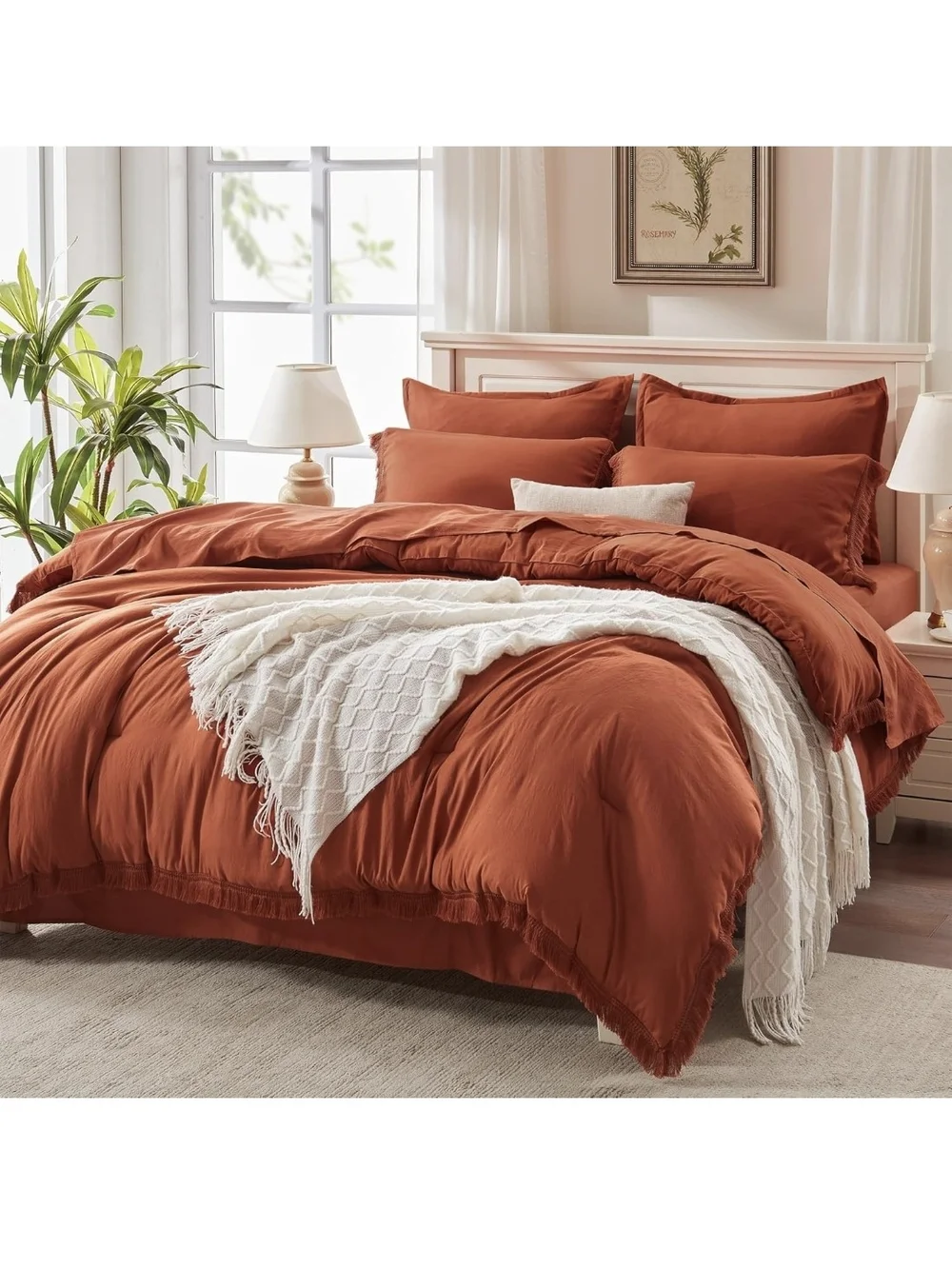 Boho Fringe Rust Orange Comforter & Sheet Set - Complete Sheet & Duvet - King